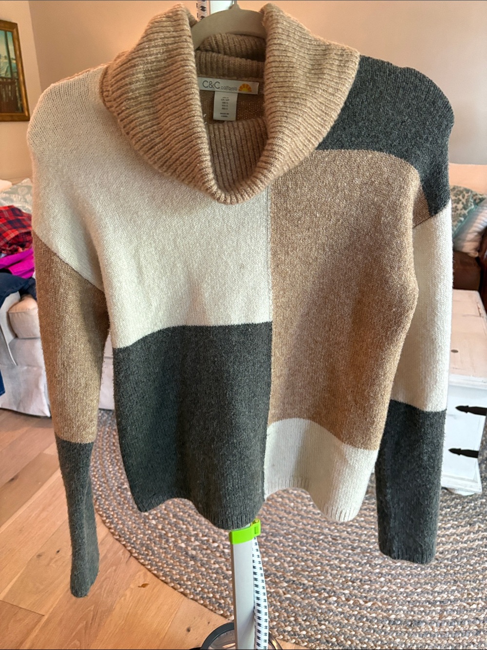 C&C California Colorblock Cowl Neck Sweater in Cream, Taupe & Charcoal
